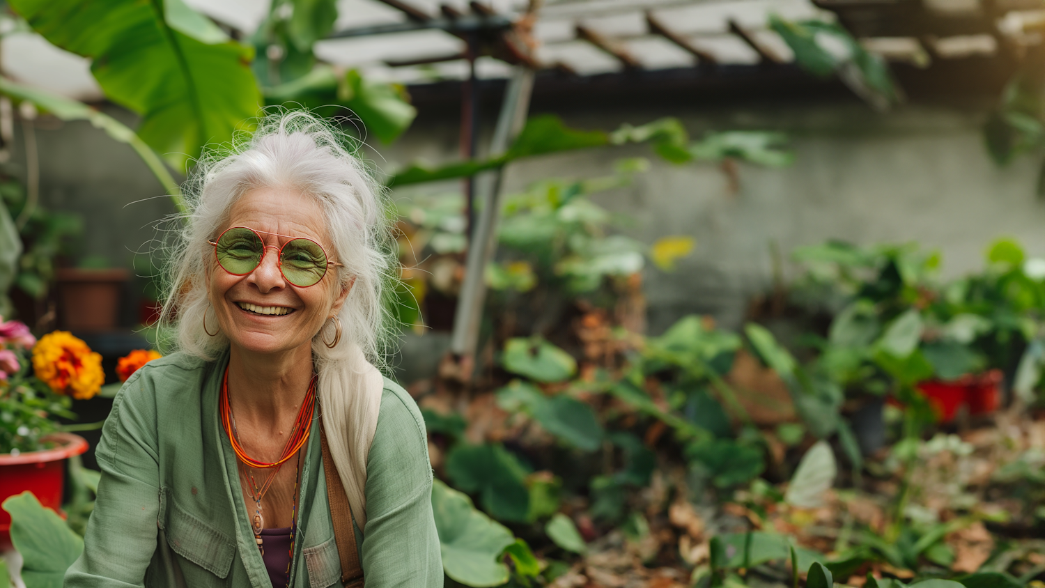 Elderly Woman with Joyful Expression in a Garden