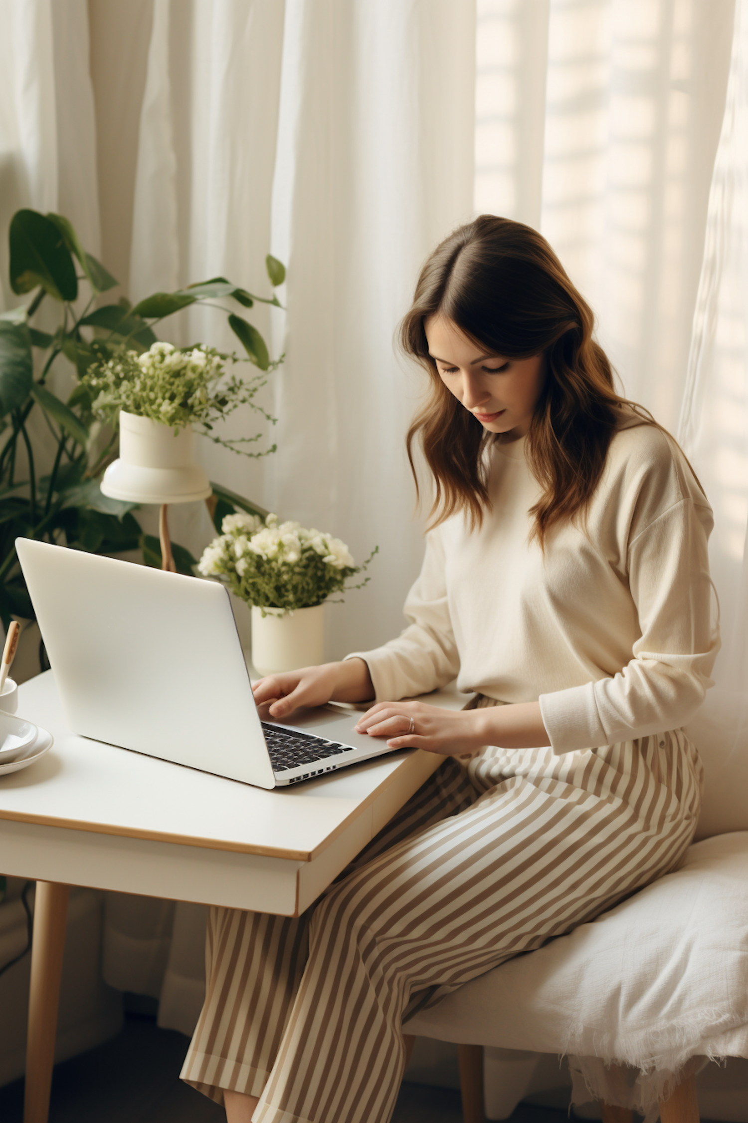 Focused Woman Working Remotely in a Serene Setting