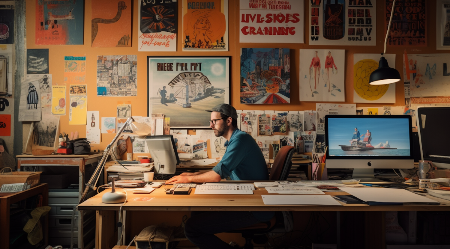 Graphic Designer in Warm Artistic Workspace