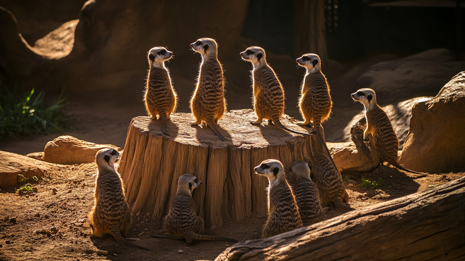 Meerkats Around Tree Stump