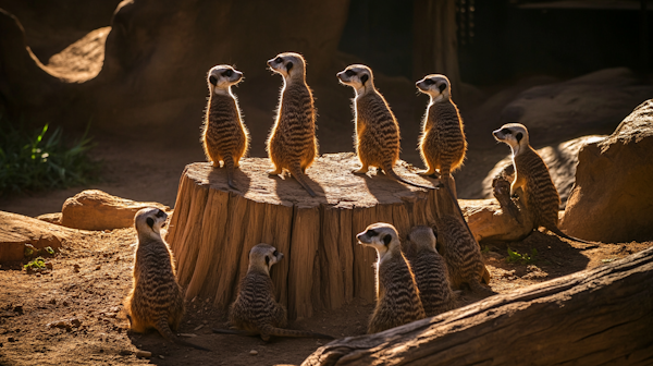 Meerkats Around Tree Stump