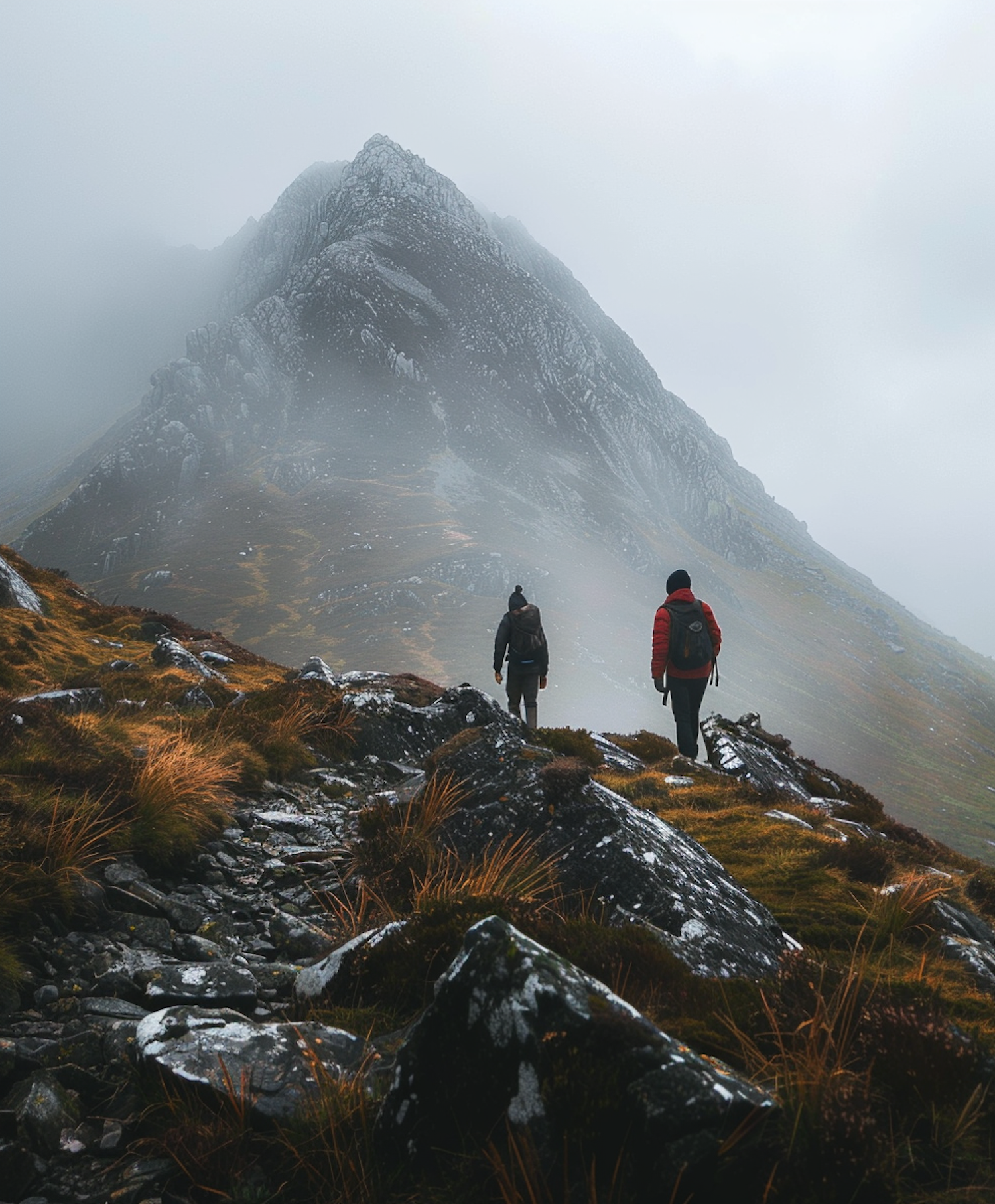 Mountain Hike in Foggy Weather