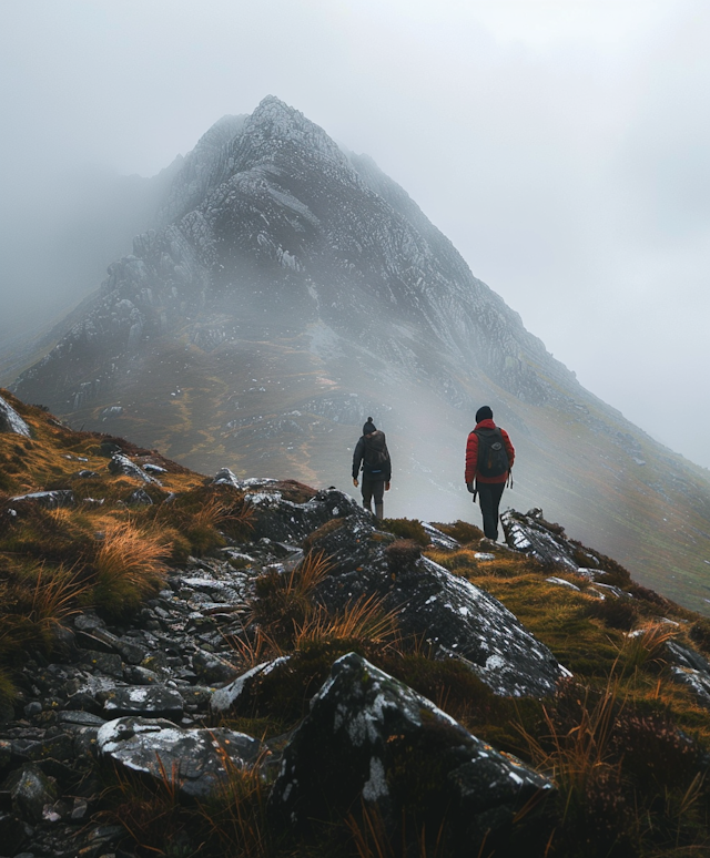 Mountain Hike in Foggy Weather