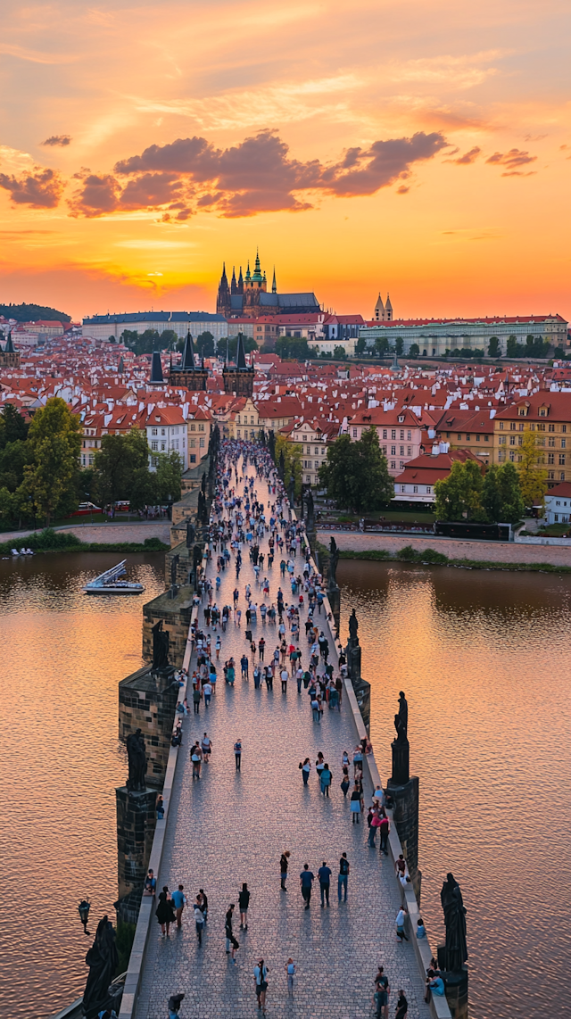 Sunset over Charles Bridge in Prague