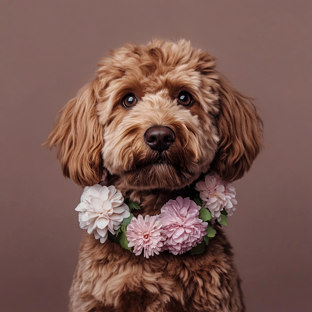 Fluffy Brown Dog with Floral Wreath