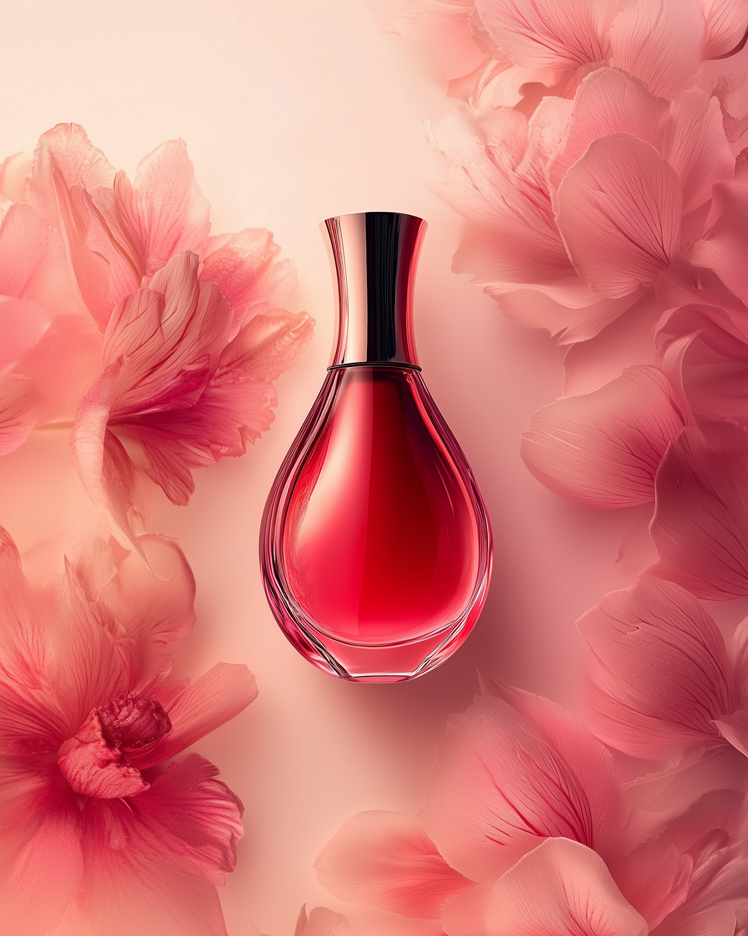 Elegant Red Perfume Bottle with Floral Background