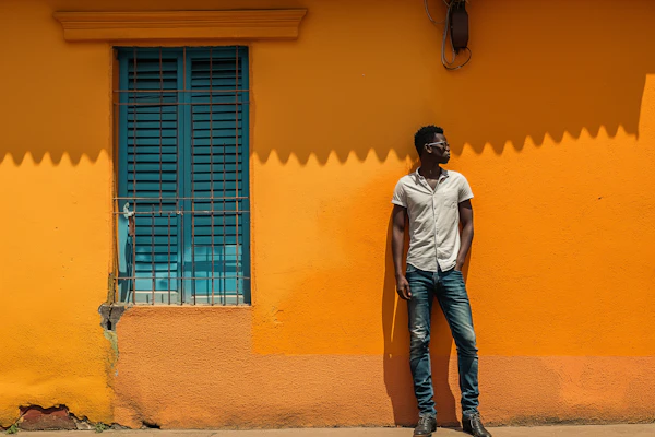 Casually Confident Man Against Contrasting Orange and Blue Backdrop