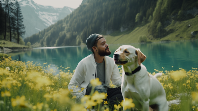 Man and Labrador Retriever in Field of Flowers