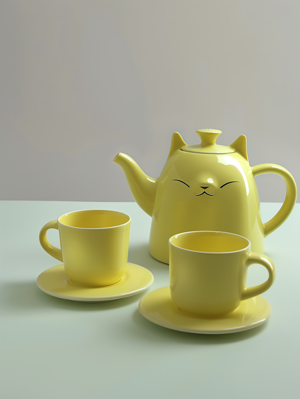 Charming Yellow Teapot Set with Cat Design