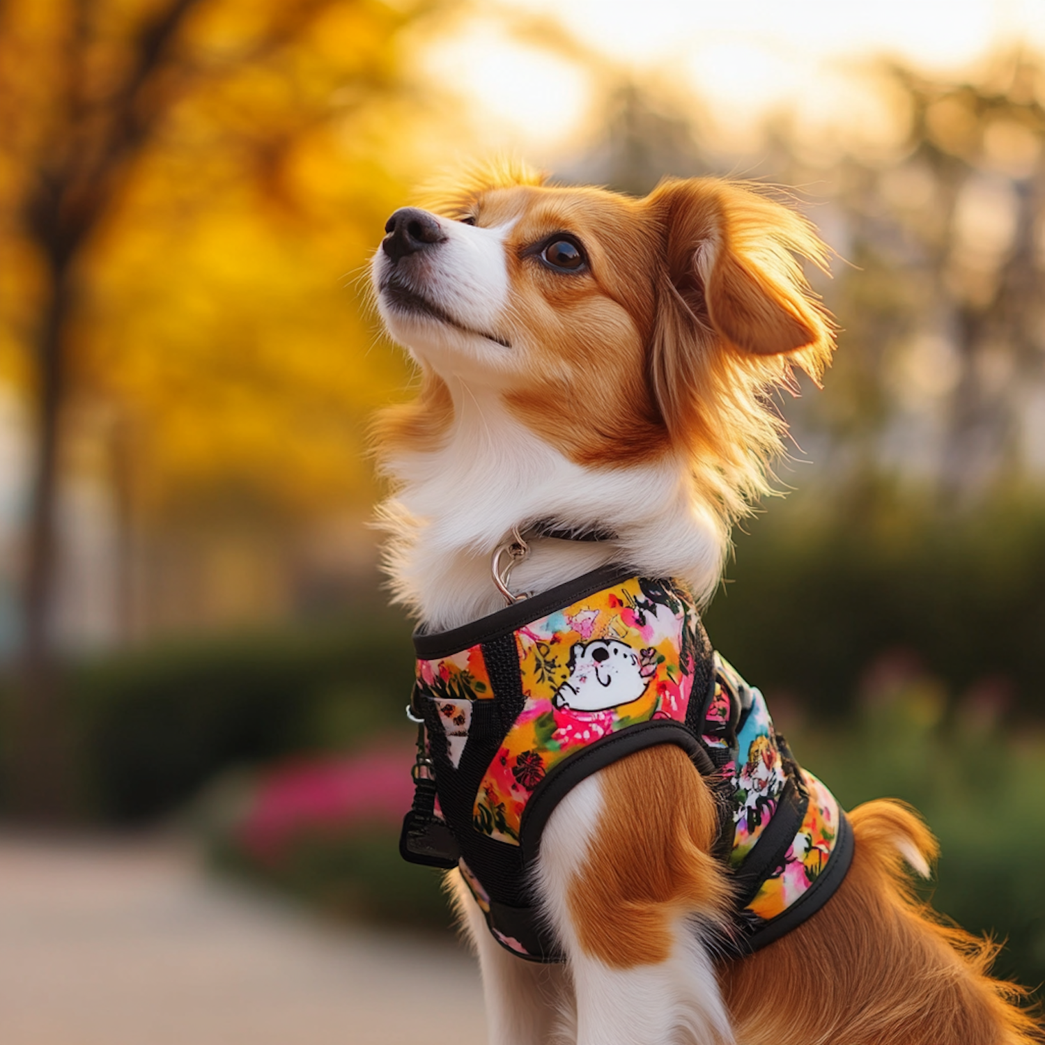 Fluffy Dog in Colorful Harness