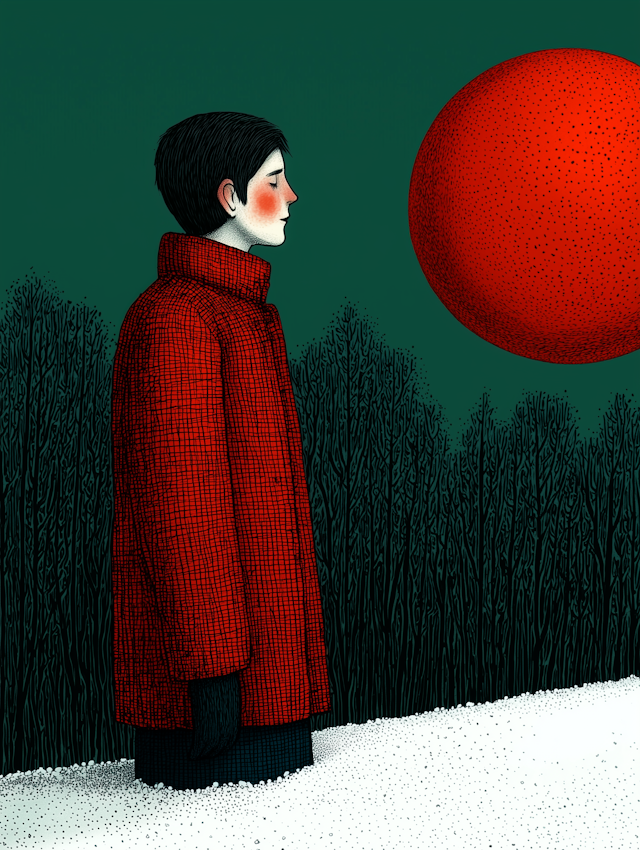 Contemplative Figure in Red Coat