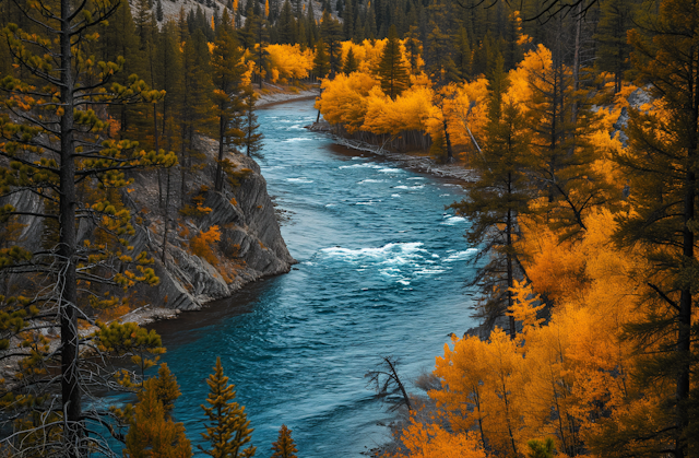 Autumnal Serenity: The Turquoise River Through the Rocky Forest