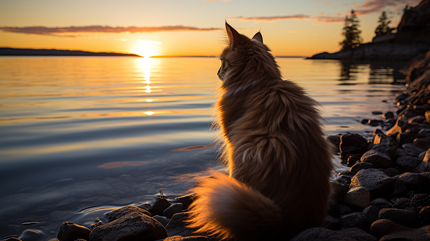 Tranquil Twilight: Feline at Lakeshore