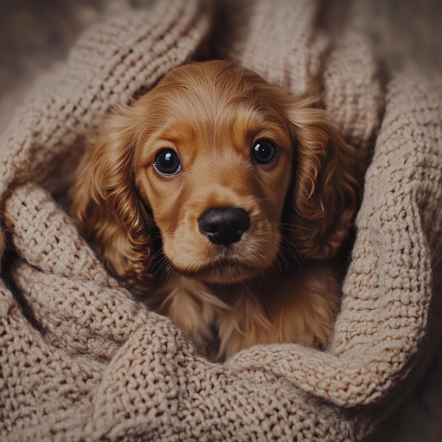 Adorable Puppy in Knitted Blanket