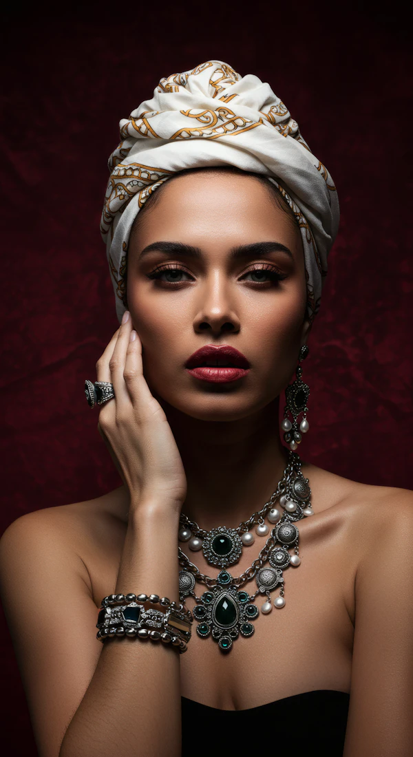 Elegant Woman with Headwrap and Jewelry