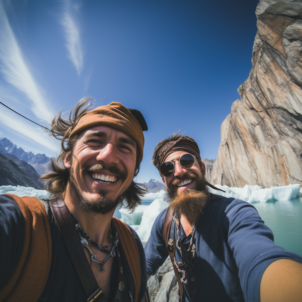 Adventurous Friends Selfie with Ice-Capped Mountains