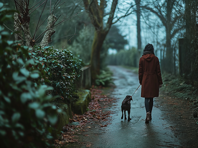 Tranquil Companionship on a Misty Woodland Path