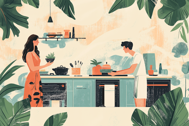 Animated Kitchen Scene with Characters Cooking and Gardening