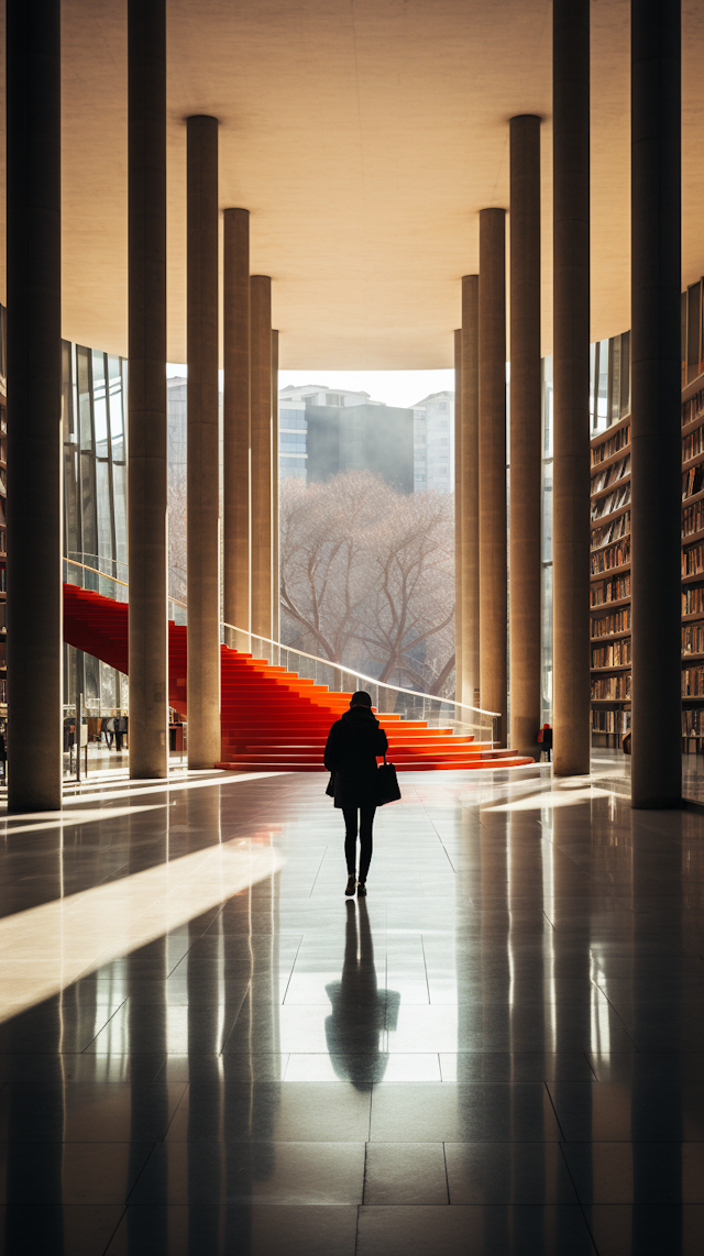 Urban Commuter in Contrast: Architectural Grandeur with Backlit Silhouette