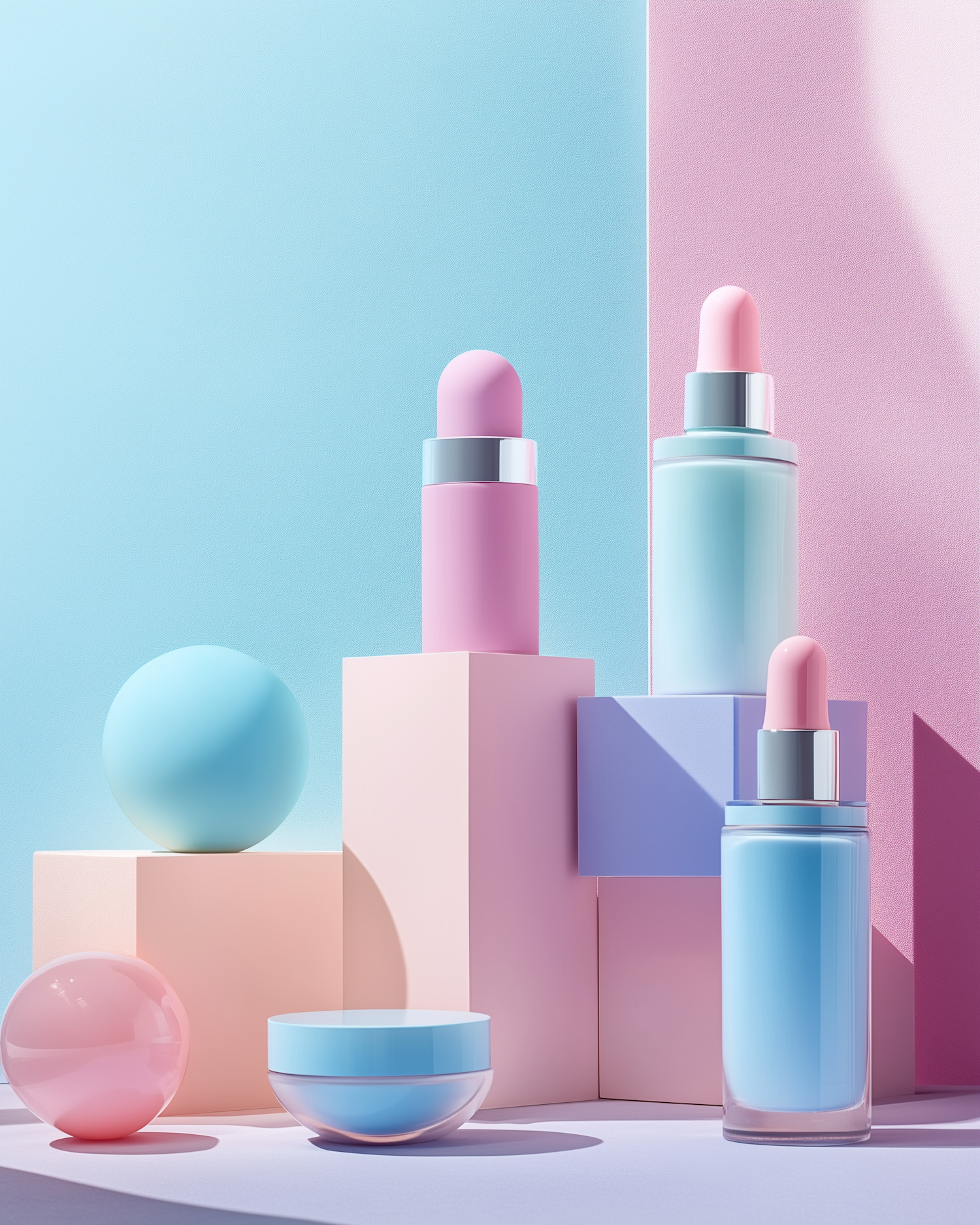 Pastel Cosmetic Bottles on Geometric Blocks