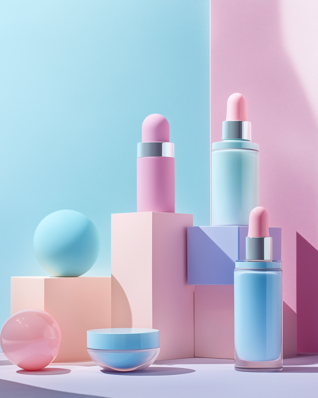 Pastel Cosmetic Bottles on Geometric Blocks