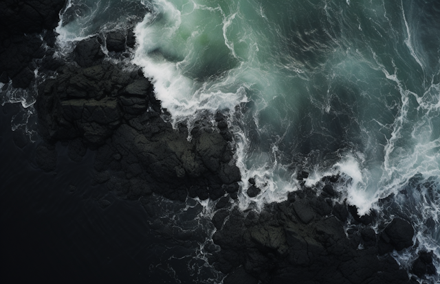 Moody Green Seas Clash with Jagged Coastline