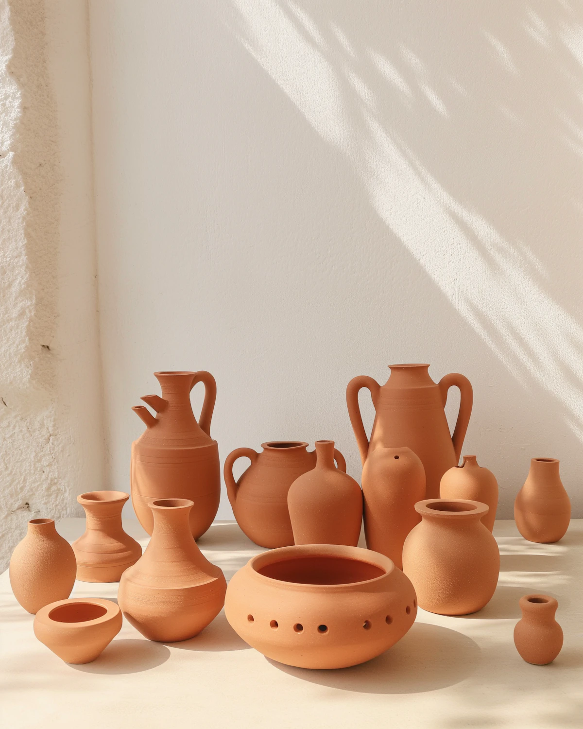 Terracotta pots in warm sunlight against a white wall