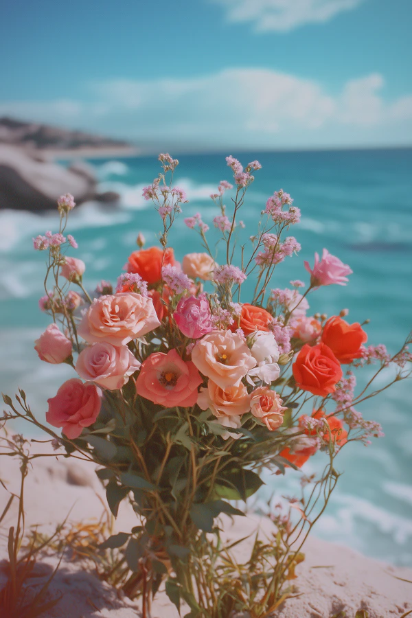 Vibrant Flower Bouquet by the Ocean