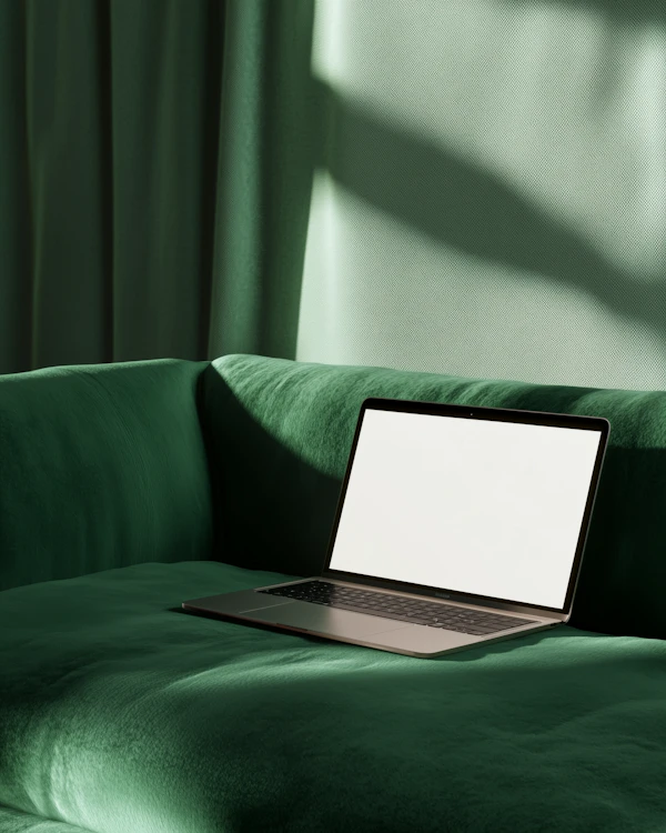Laptop on Green Sofa