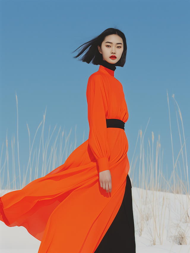 Woman in Orange Dress Against Blue Sky