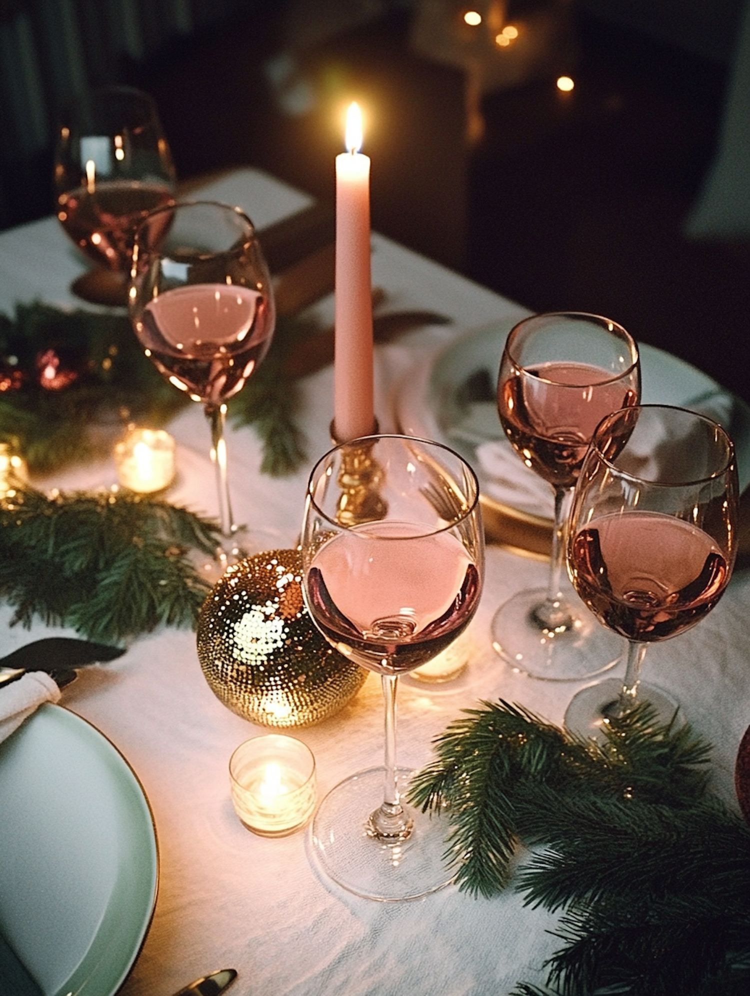 Elegant Dining Table with Rose Wine and Candlelight