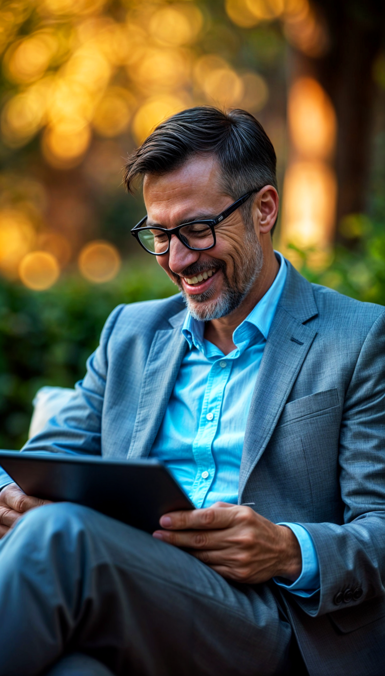 Man with Tablet in Relaxed Outdoor Setting