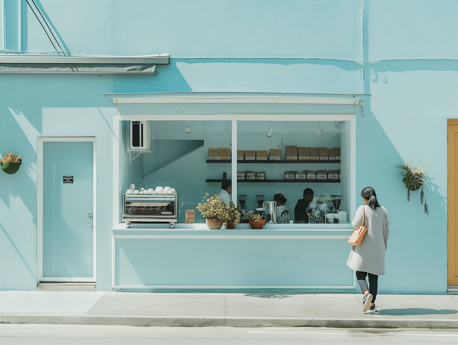 Quaint Coffee Shop with Walking Patron