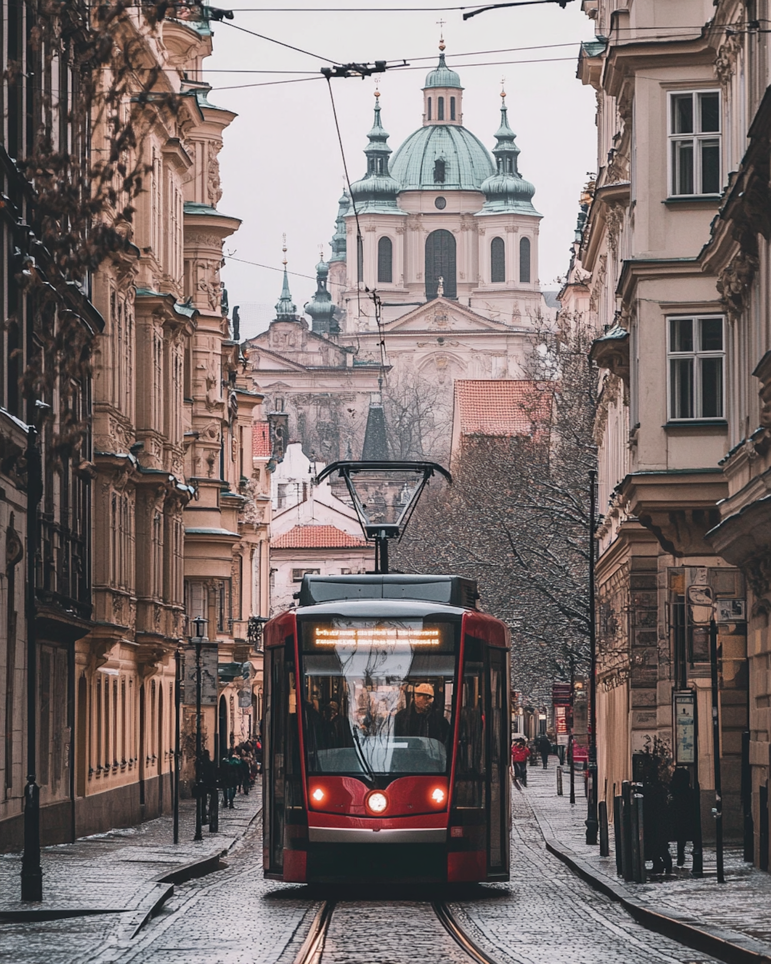 European City Street with Tram and Church