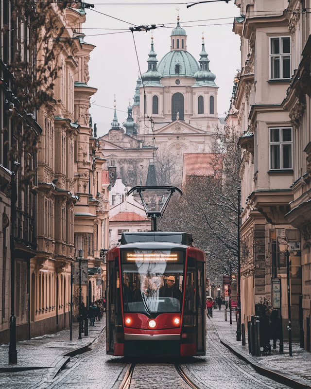 European City Street with Tram and Church