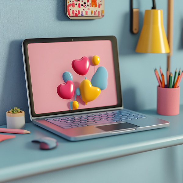 3D Rendered Laptop with Floating Hearts