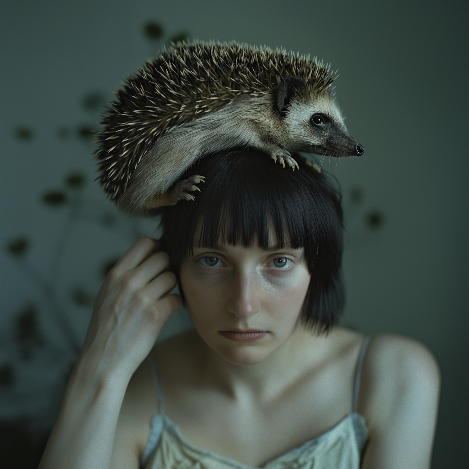 Woman Carrying a Hedgehog on Her Head