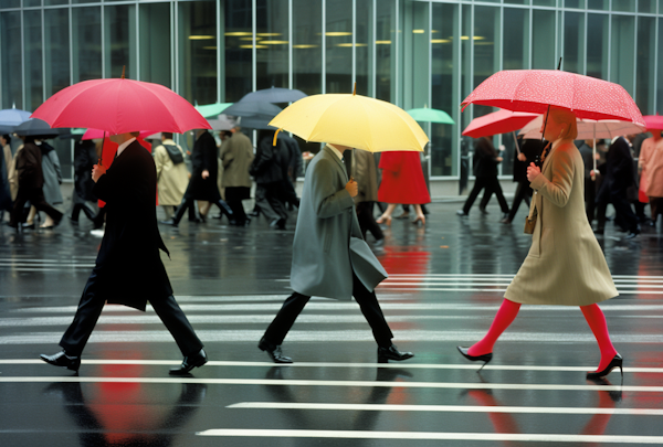 City Stride: Rainy Day Hustle with Colorful Umbrellas