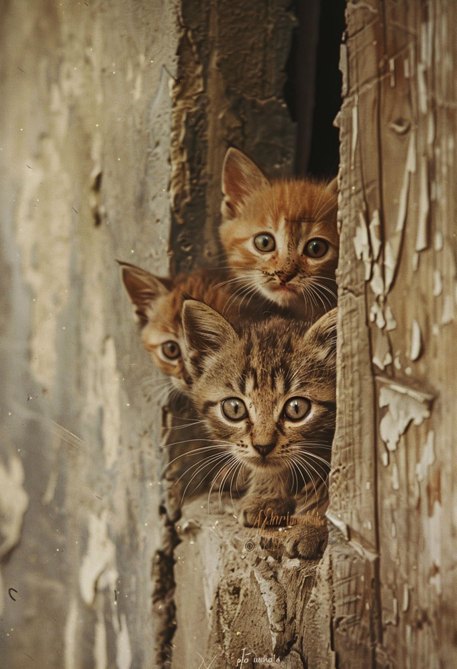 Peeking Kittens in Rustic Setting