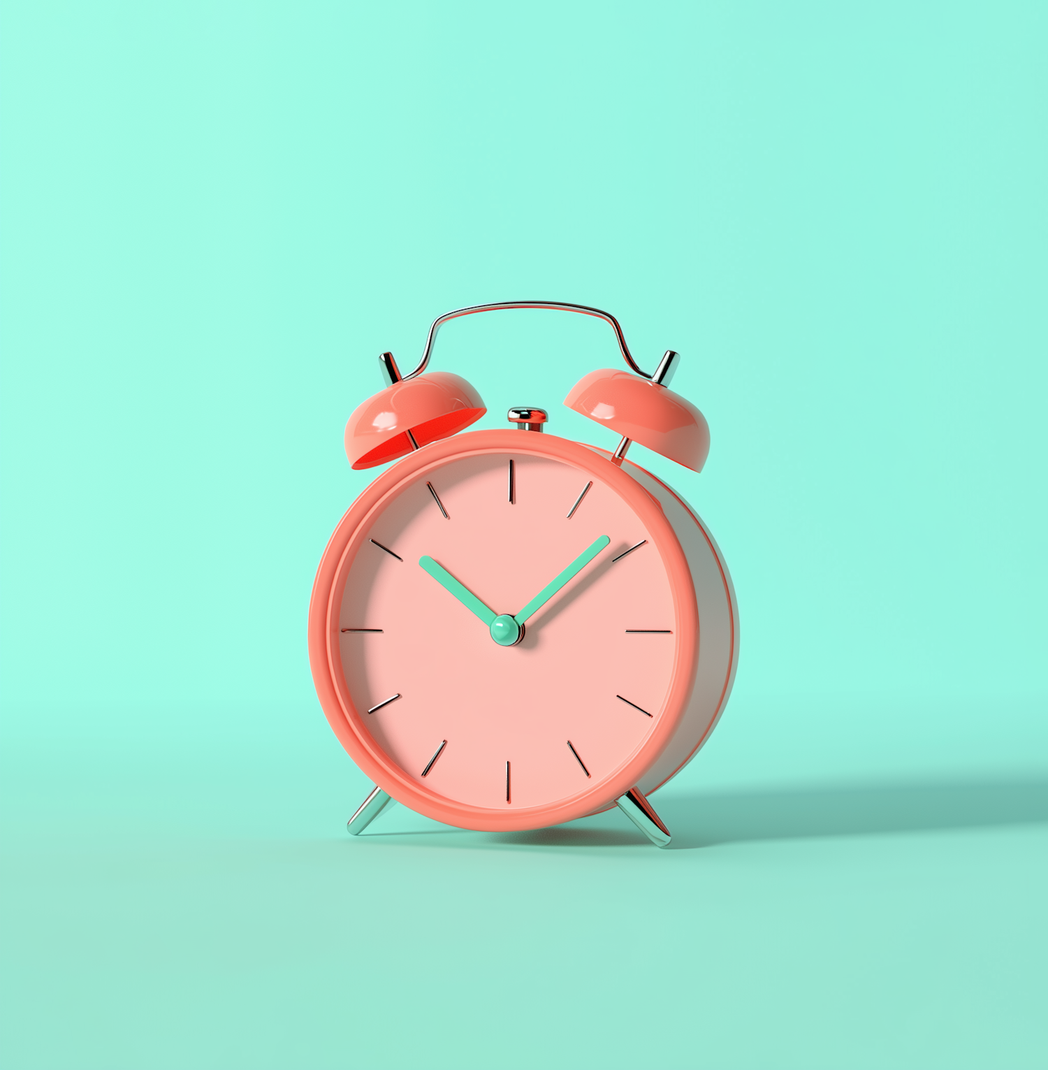 Coral Pink Alarm Clock on Teal Background