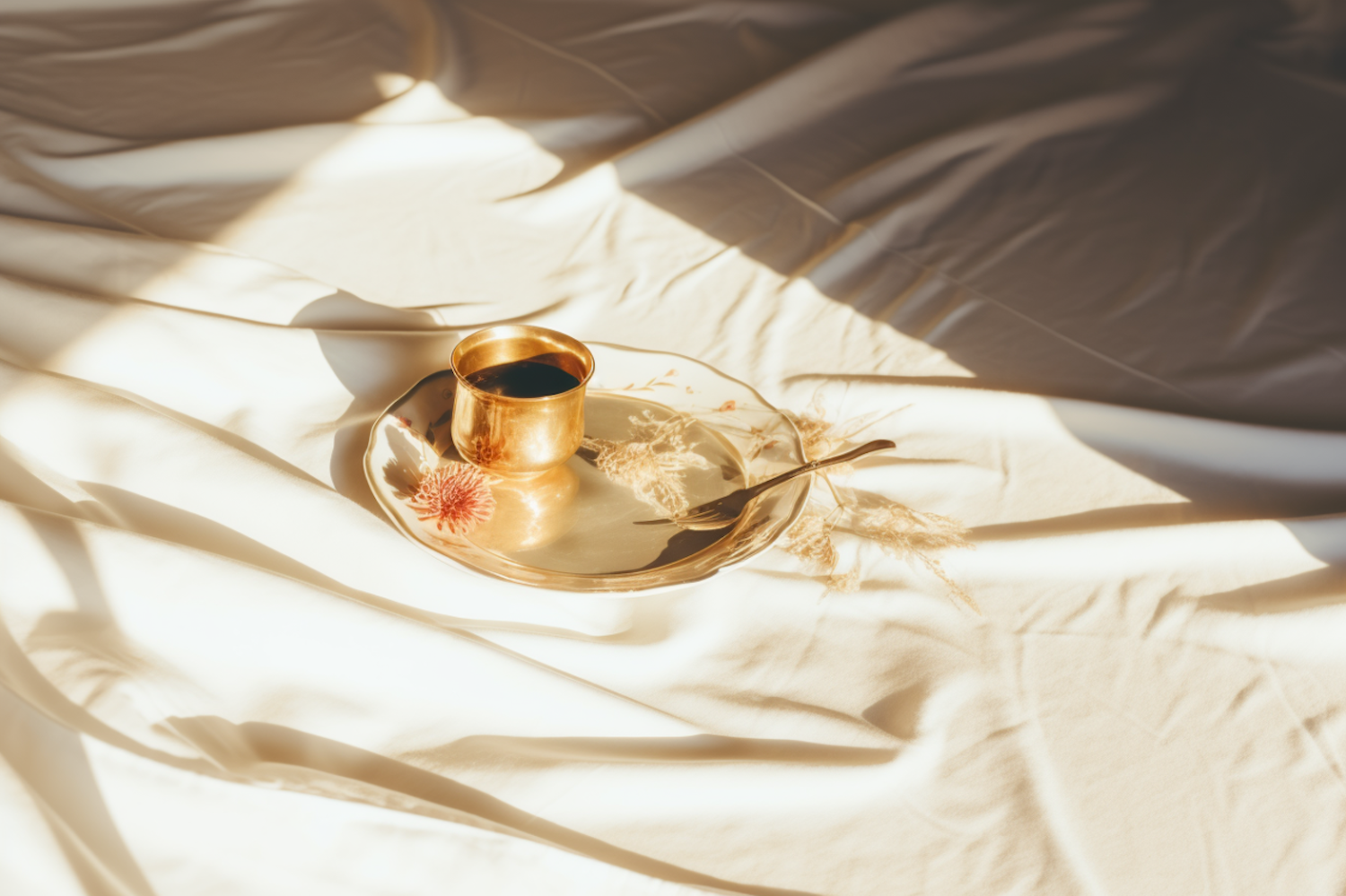 Serene Elegance: A Golden Cup Still Life on Sunlit Bedsheets