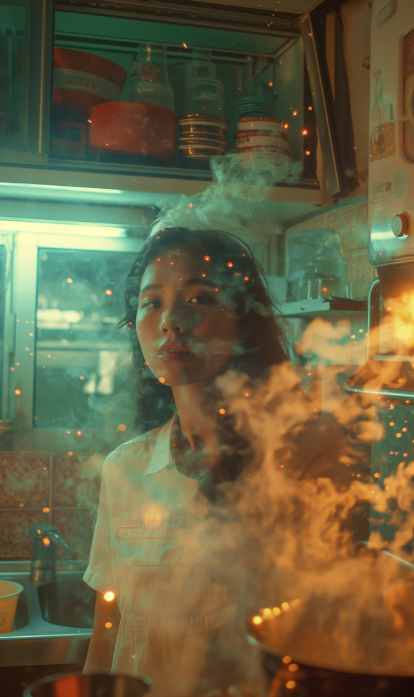 Contemplative Woman in Dreamy Kitchen