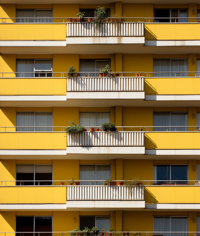 Sunny Yellow Multi-Story Building with Balconies