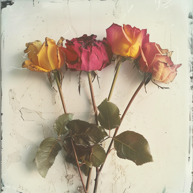 A Spectrum of Roses Against Textured Backdrop