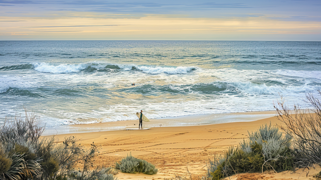 Serene Beach Scene with Surfer