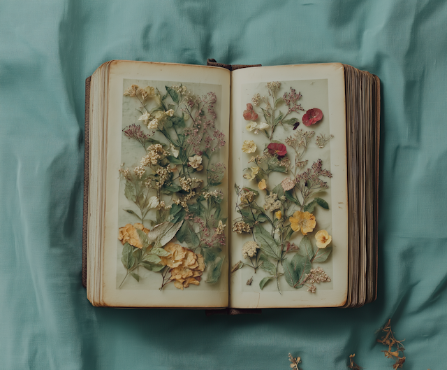 Pressed Flowers on Open Book