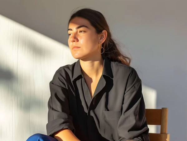 Contemplative Woman in Striped Sunlight