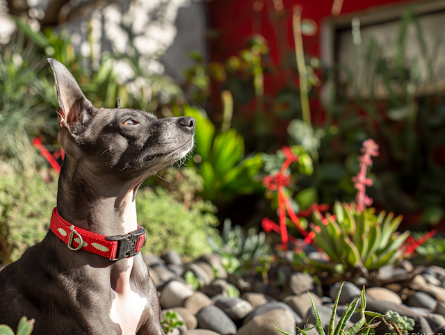 Alert Black Dog in Garden