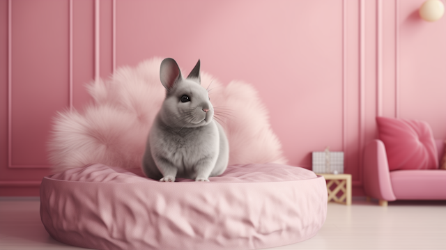 Fluffy Gray Rabbit on Pink Cushion