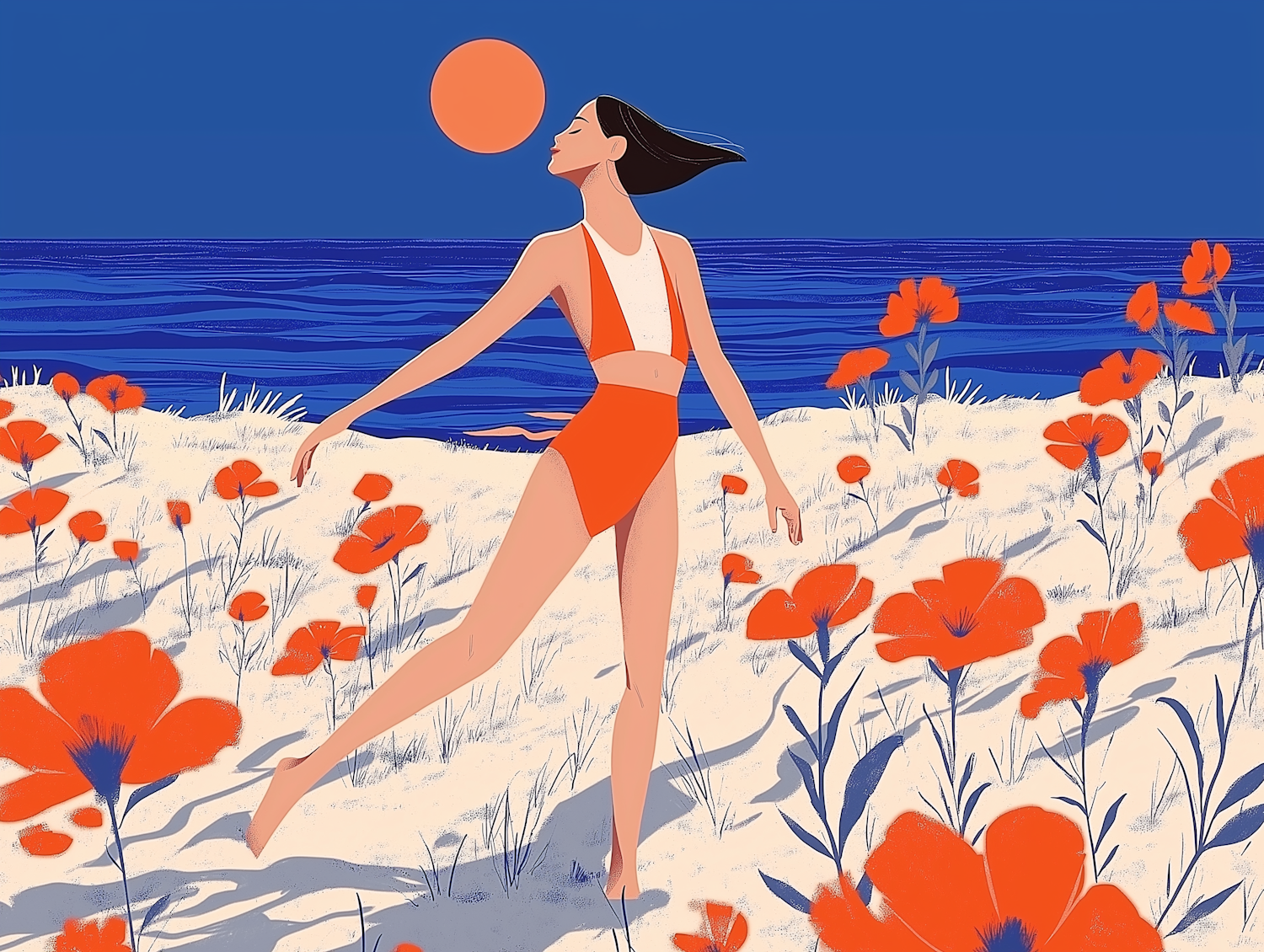 Woman Walking in Field of Poppies on Beach